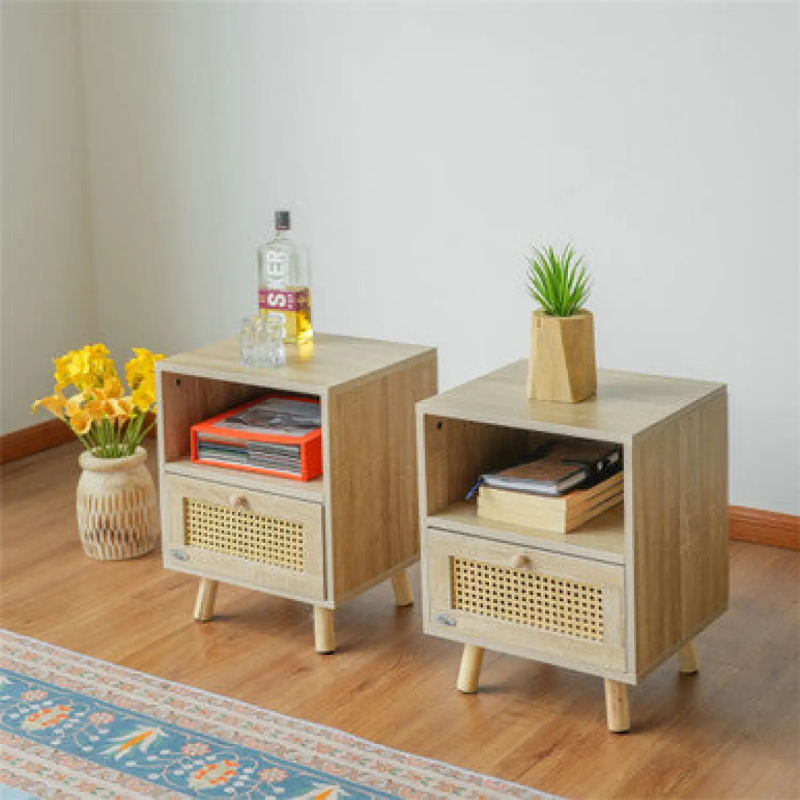 Wood Effect and Rattan Sideboard, 80cm, in Natural, with Solid Wood Legs