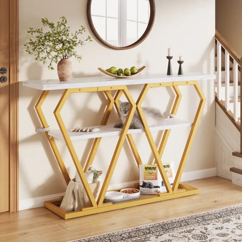 120cm Console Table with White Marble Effect Top and Gold Legs