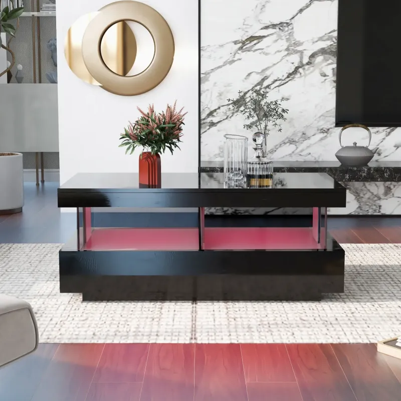 Rectangular Coffee Table, High Gloss in Black, with LED Lights and 2 Drawers