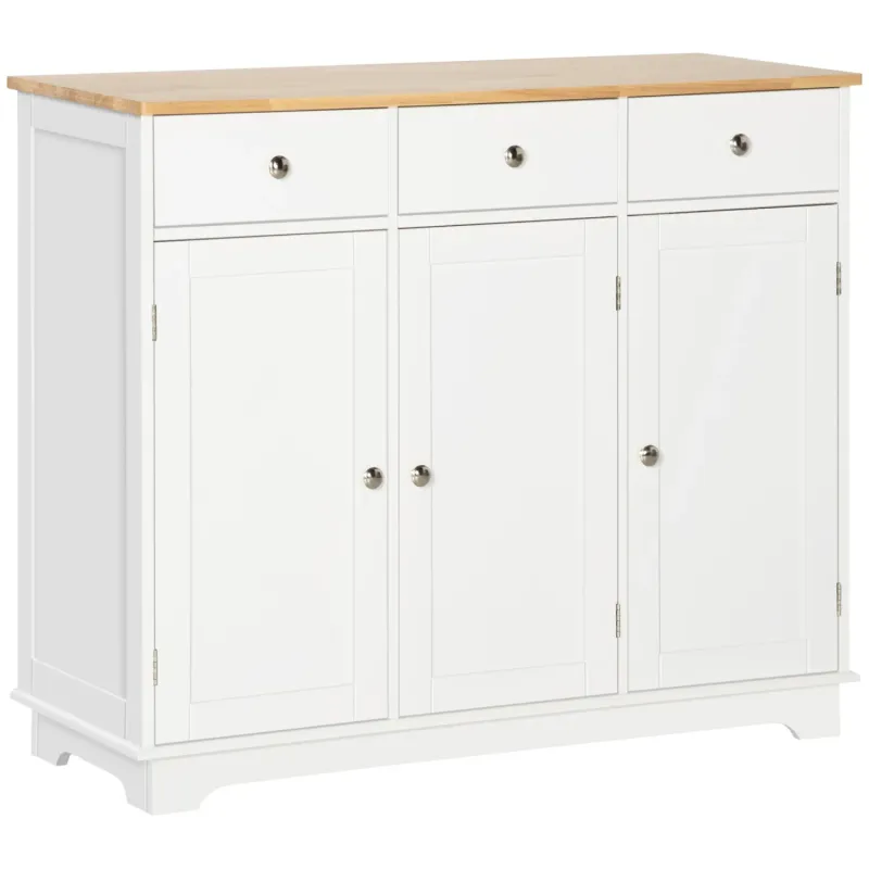 Solid Rubber Wood Top Sideboard, 101cm, in White, with 3 Drawers and 3 Doors