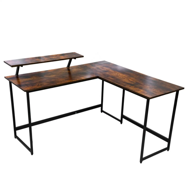 L-Shaped Corner Computer Desk with Metal Frame - Brown
