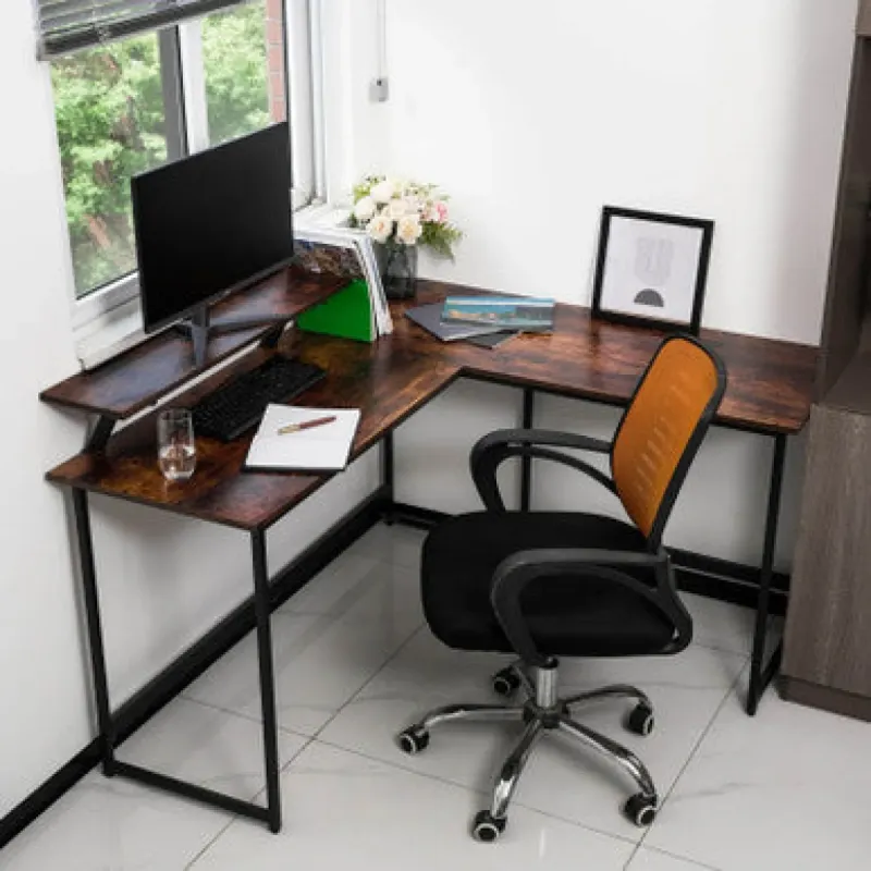 L-Shaped Black Corner Computer Desk - Metal Frame Workstation