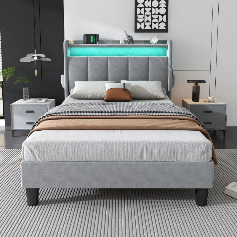 Grey Velvet 3ft Single Upholstered Bed with LED Lights, USB Charging and Headboard Storage