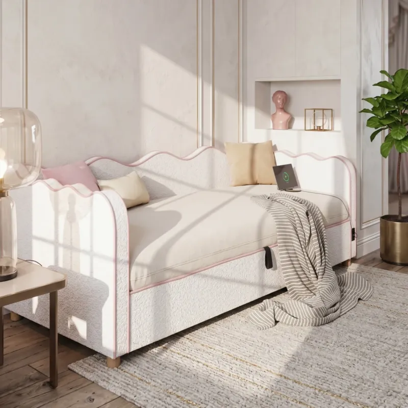 Bouclé Daybed, Single, in Beige, with Hydraulic Storage and USB Charging