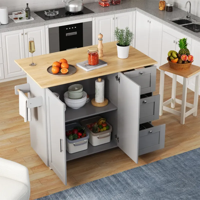 Kitchen Island with Foldable Oak-Effect Worktop and 3 Drawers