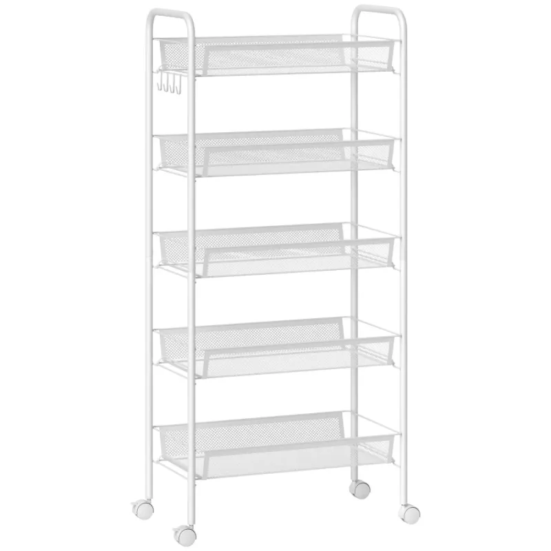 5-Tier Steel Mesh Mobile Storage Trolley with Wheels - White