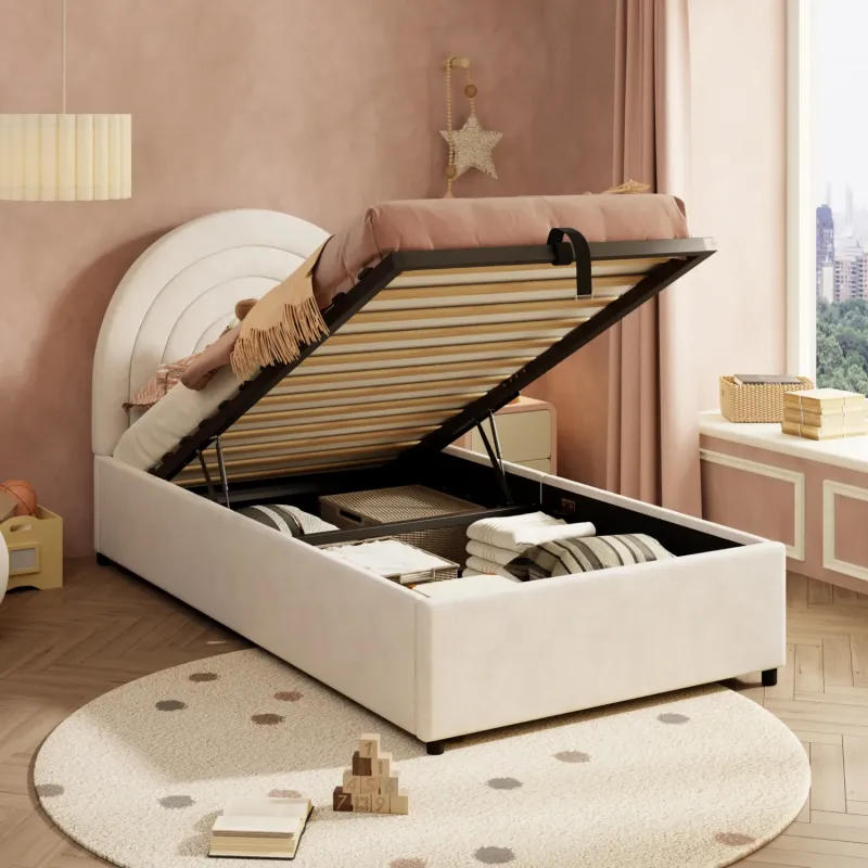 Beige Velvet 3ft Single Ottoman Bed with Hydraulic Storage