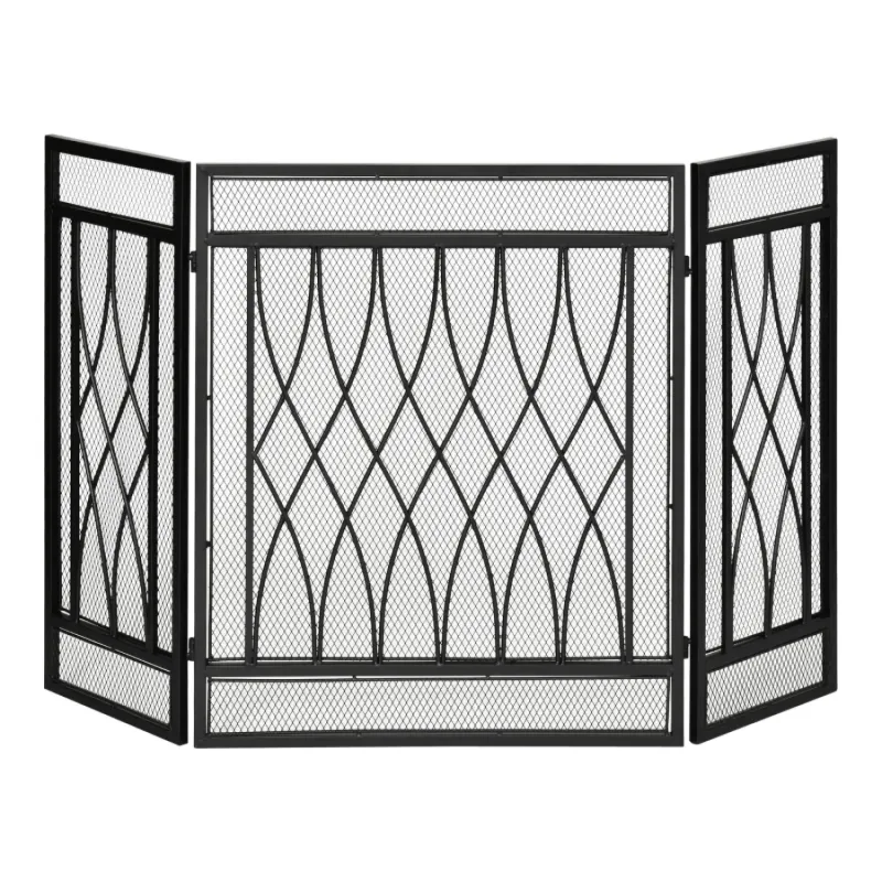 126cm 3-Panel Folding Metal Fireplace Screen with Diamond Mesh Pattern