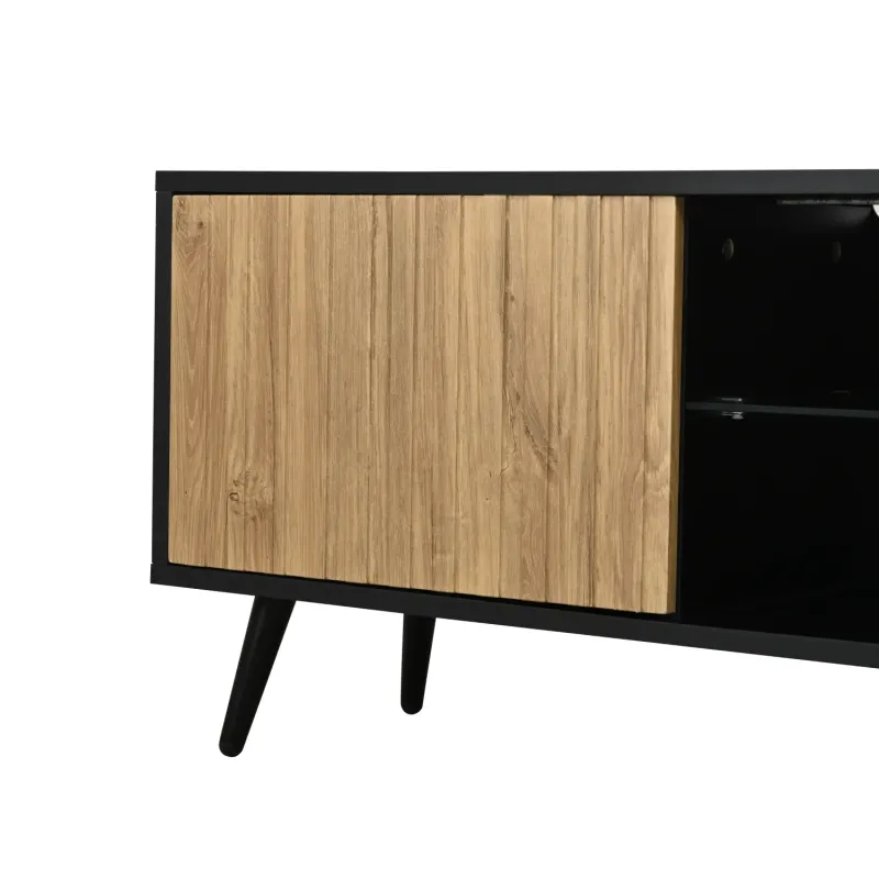 Engineered Wood TV Unit, 175cm, in Black & Wood Effect, with Fluted Doors and Smart LEDs