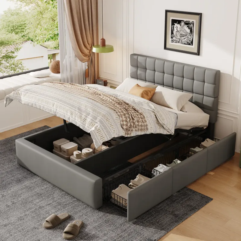 4ft6 Double Grey PU Leather Ottoman Storage Bed with 3 Drawers