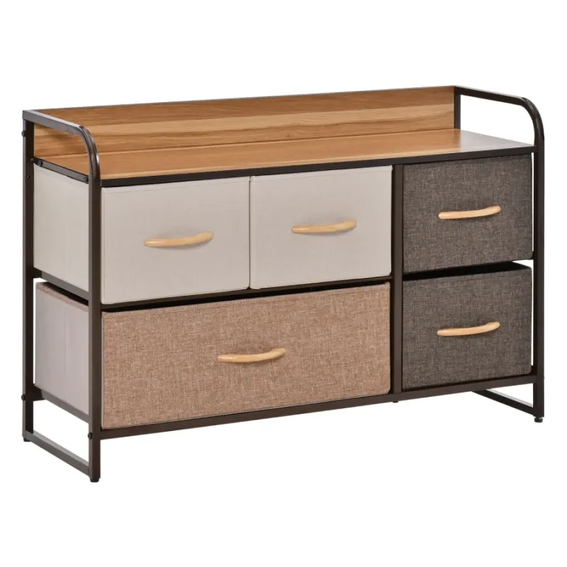 5-Drawer Linen Fabric Chest of Drawers with Wood-Effect Top