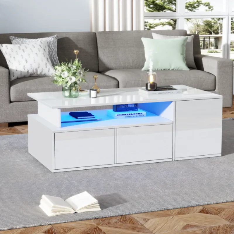 White High Gloss Coffee Table with App-Controlled LED Lights & 2 Drawers