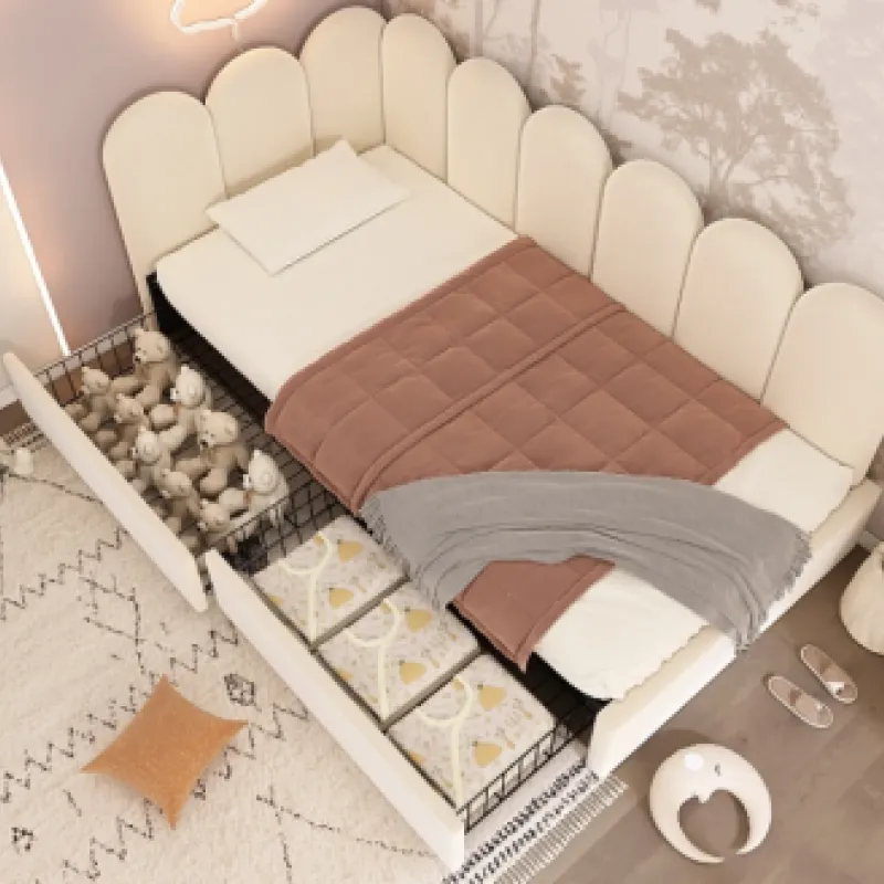 3FT Single Upholstered Daybed with Drawer Storage - Beige Velvet