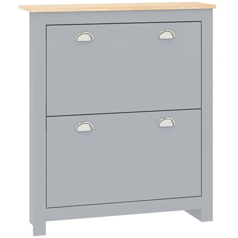 2-Drawer Slim Shoe Cabinet - Grey & Wood Effect Hallway Storage