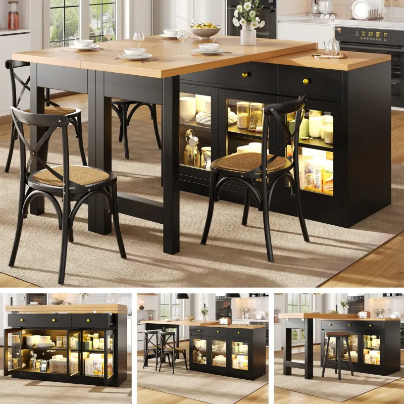 Extendable Kitchen Island Dining Table with LED Lights and Storage, 120-200cm - White