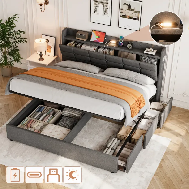 King Grey Linen Ottoman Bed Frame with LED Storage Headboard, Drawers and USB Charging