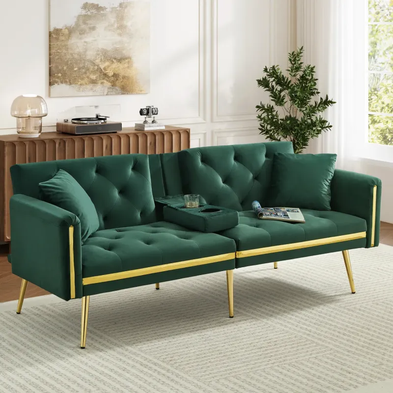 Velvet 2-Seater Sofa Bed with Adjustable Backrest, Built-in Cup Holders and Gold Metal Legs