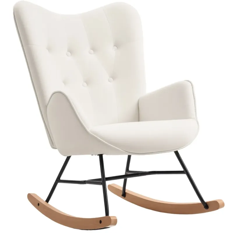 Cream Velvet Rocking Chair with Solid Wood Legs