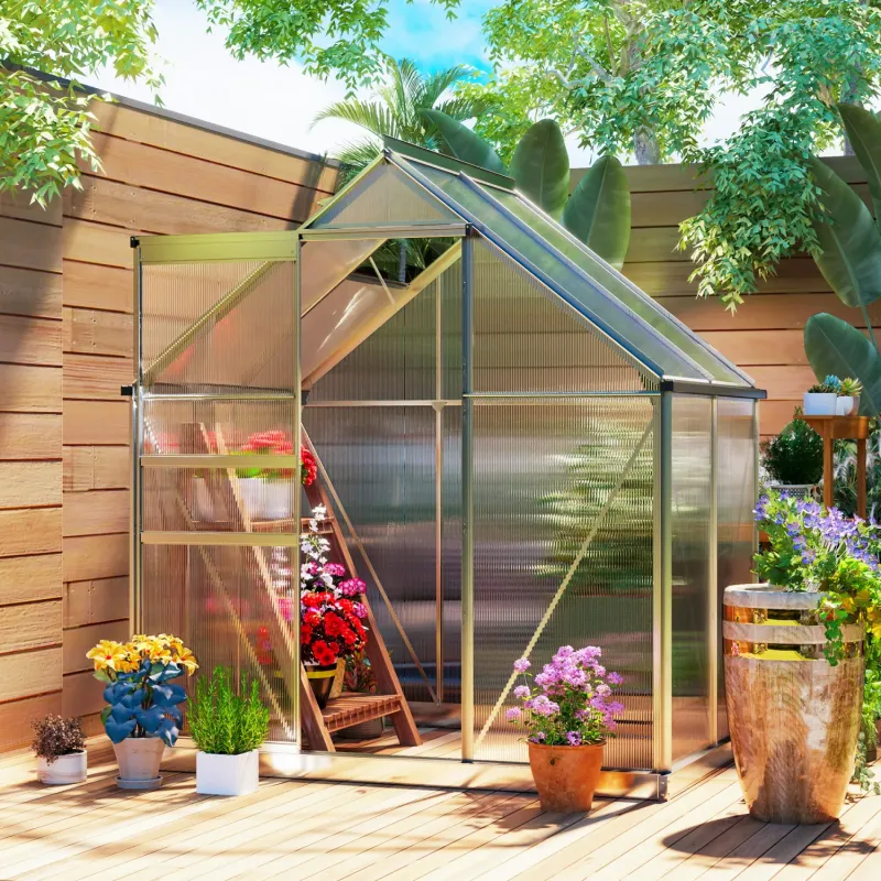  1.9 x 1.3m Walk-In Polycarbonate Greenhouse with Aluminium Frame - Silver-Tone