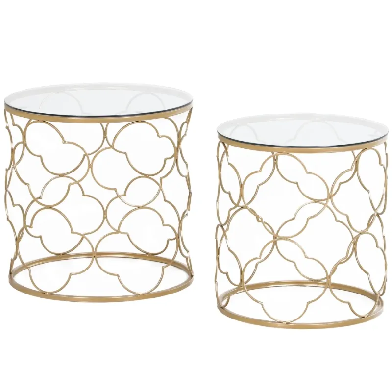 Set of 2 Gold Nesting Side Tables with Tempered Glass Tops - Art Deco Style