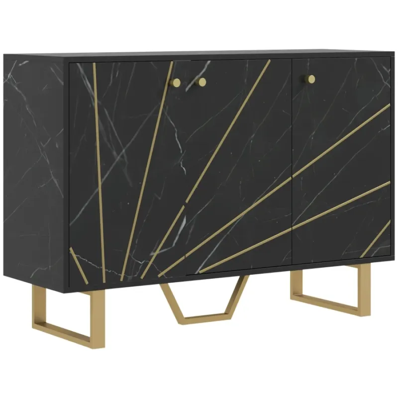  Black Marble Effect Sideboard with Gold Tone Legs and Three Doors