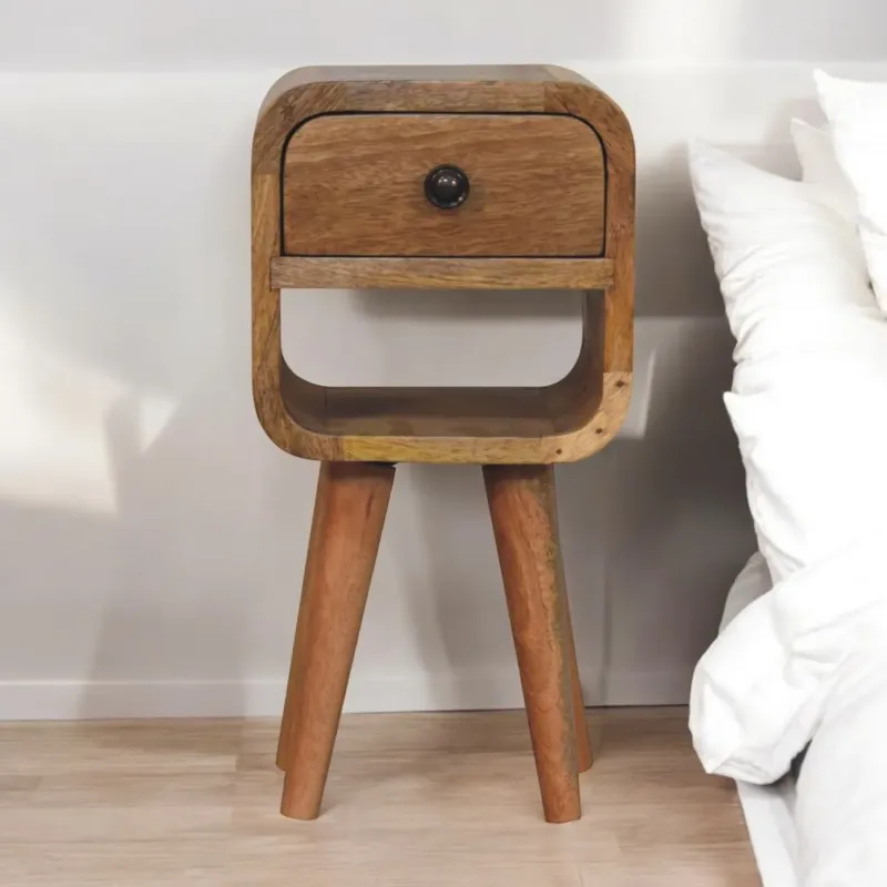 Extra Mini Curved Solid Wood Bedside Table with Drawer - Oak-ish Finish