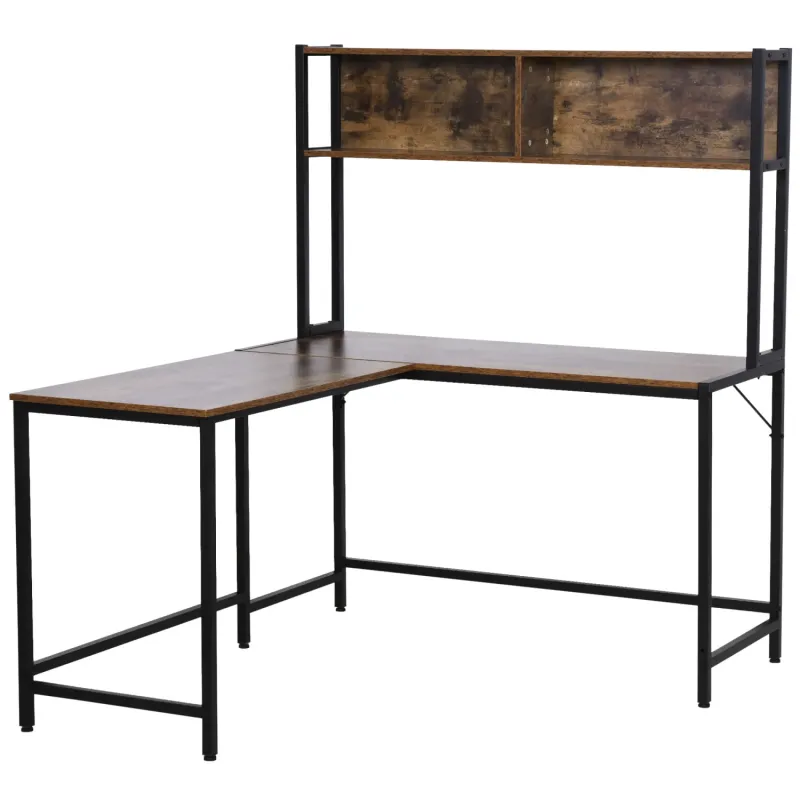 L-Shaped Corner Desk with Integrated Bookshelf, Brown