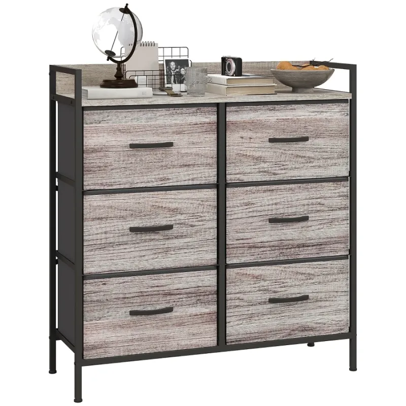 Chest of 6 Fabric Drawers - Grey Wood Effect