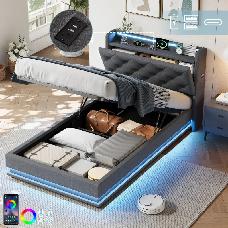 3ft Single Grey Linen Upholstered Hydraulic Storage Bed with LED and Charging Station