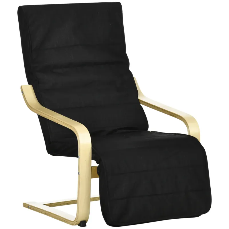 Wooden Recliner Chair, in Black, with Adjustable Footrest and Padded Seat