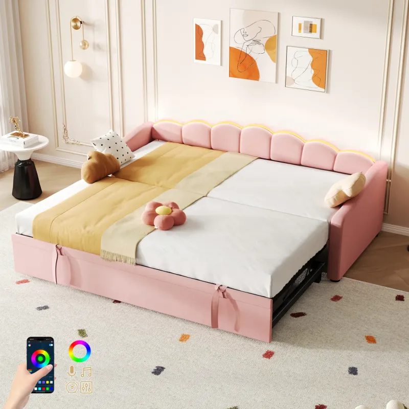 Pink Velvet Petal Single Daybed with Pull-Out Trundle and RGB LED Lighting