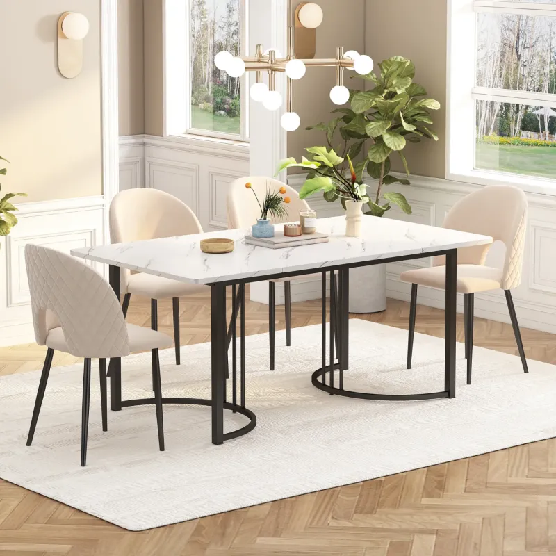 140cm Rectangular Marble-Effect Dining Table with Curved Metal Legs