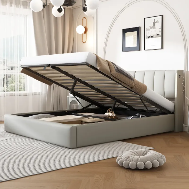LED Upholstered Super King Storage Bed with USB Charging and Hydraulic Lift - Grey PU