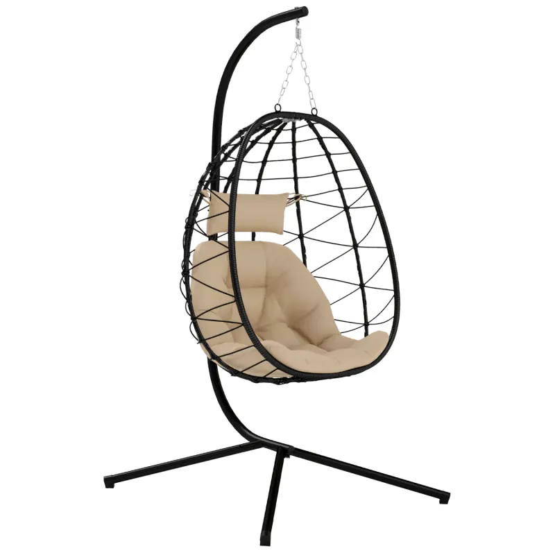 Outdoor Hanging Egg Chair with Folding Basket and Cushions - Khaki