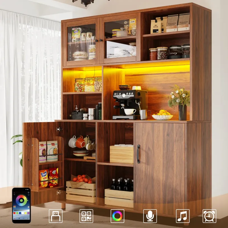 Walnut Retro Kitchen Larder Cupboard with Smart LED Lighting and Sliding Glass Doors