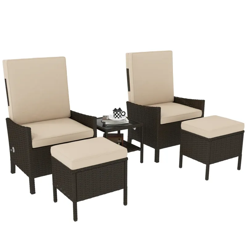  5 Piece Reclining Rattan Garden Furniture Set with 2 Armchairs, 2 Footstools and Coffee Table - Khaki