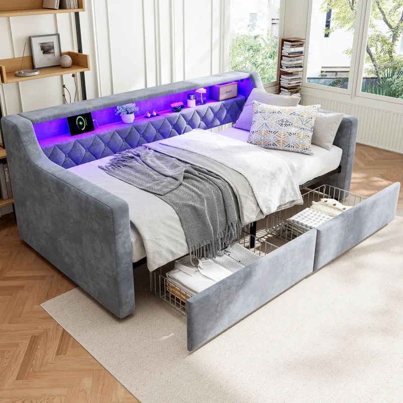 Grey Velvet Single 3ft Upholstered Daybed with LED Lights, USB Charging and Drawers