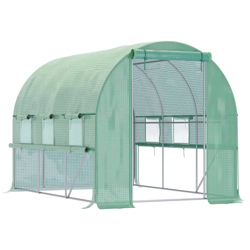 3 x 2m Walk-in Polytunnel Greenhouse with Roll-up Sidewalls - Green