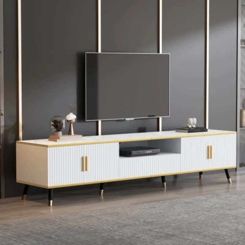 Particleboard TV Unit with Marble Effect Top, 200cm, in White, with 4 Doors and 1 Drawer