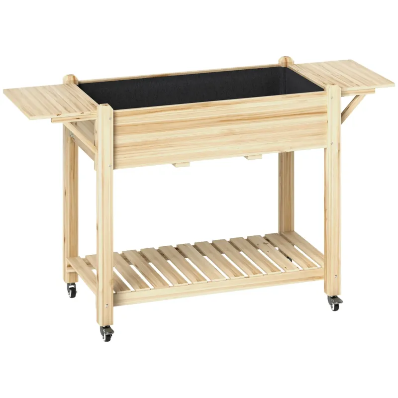 Wooden Raised Garden Planter with Side Shelves and Wheels - Natural Fir Wood