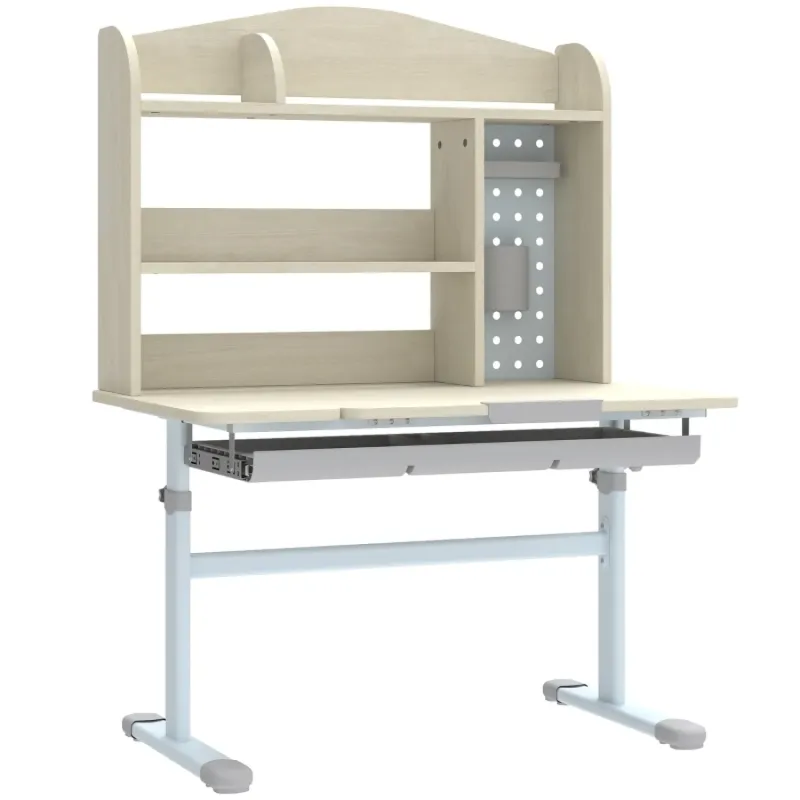 AIYAPLAY Kids Height-Adjustable Study Desk with Tilting Top, Storage Hutch and Pegboard - Natural