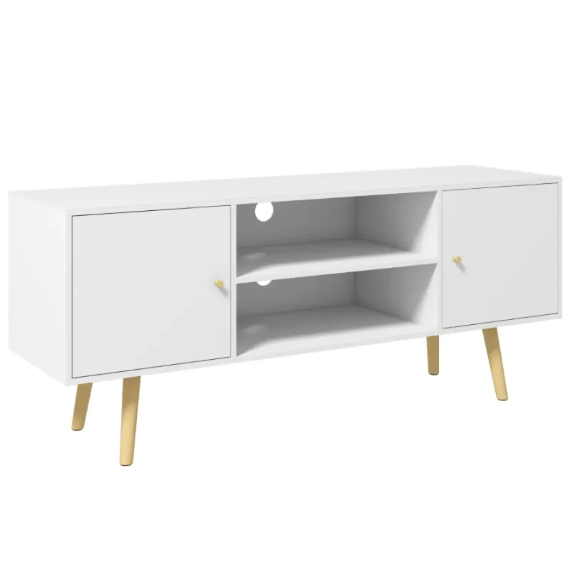 Wood TV Unit, 120cm, in White, with Cupboards and Shelves