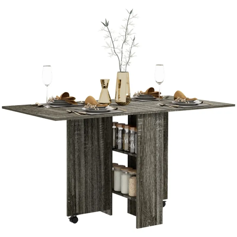Folding Drop Leaf Dining Table with 2-Tier Storage Shelves and Wheels, Grey