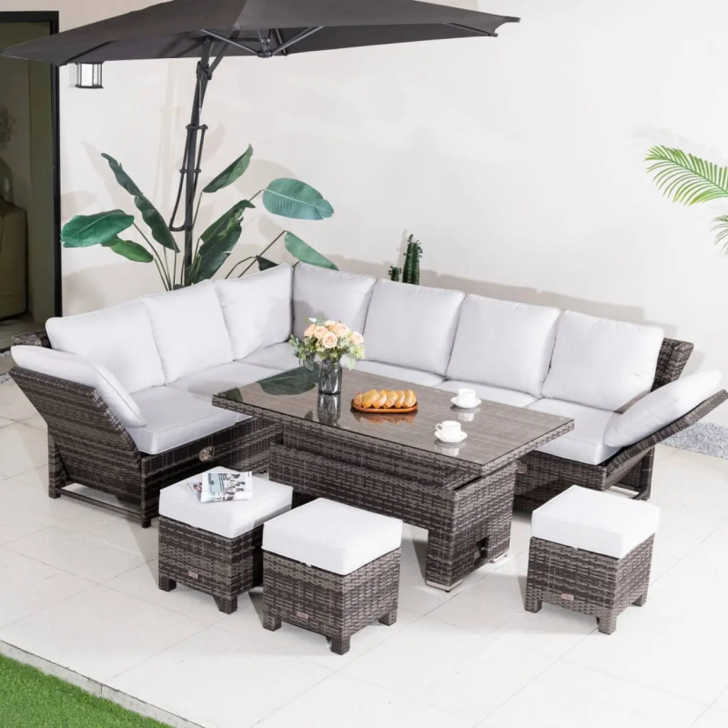 Portofino 9-Seater Modular Aluminium Garden Sofa Set with Gas-Lift Armrests & Rising Table - Grey