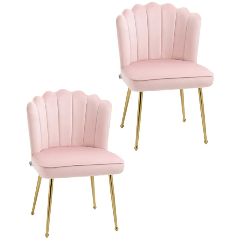 Set of 2 Pink Velvet Shell Dining Chairs with Gold Legs