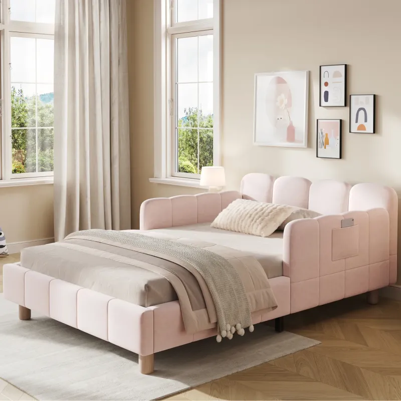 Pink Velvet Single Upholstered Children's Bed with Safety Rail - 3ft