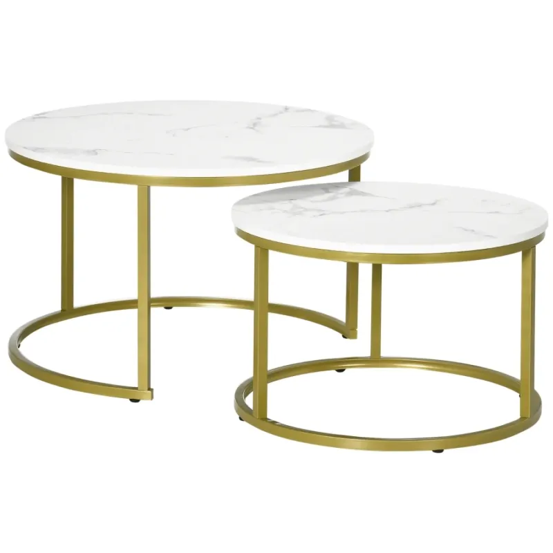 Round Nesting Coffee Table Set of 2 – White Marble & Gold