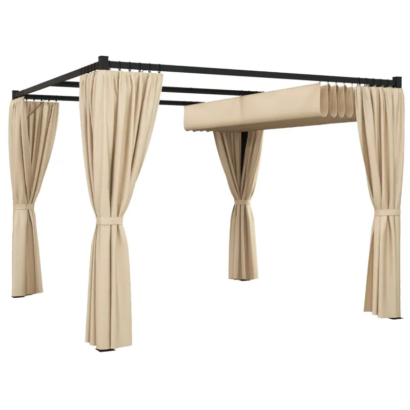  3x3m Retractable Pergola Garden Gazebo with Privacy Curtains - Beige