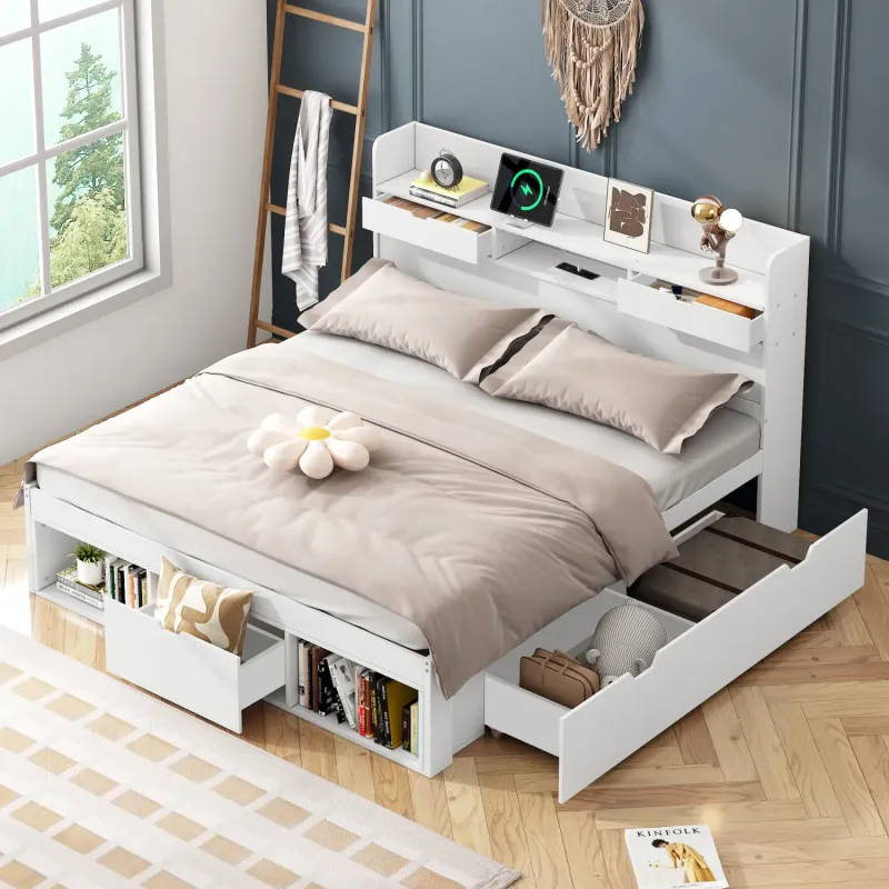 White 4ft6 Double Storage Bed Frame with USB Port and Drawers