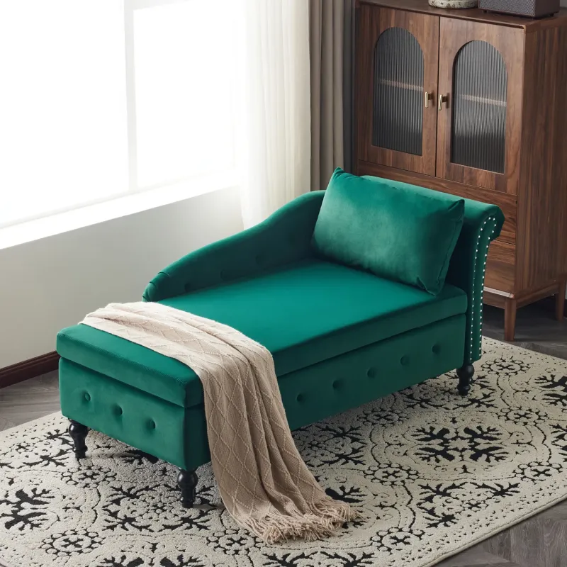 Green Velvet Storage Chaise Longue with Button Tufting and Nailhead Trim